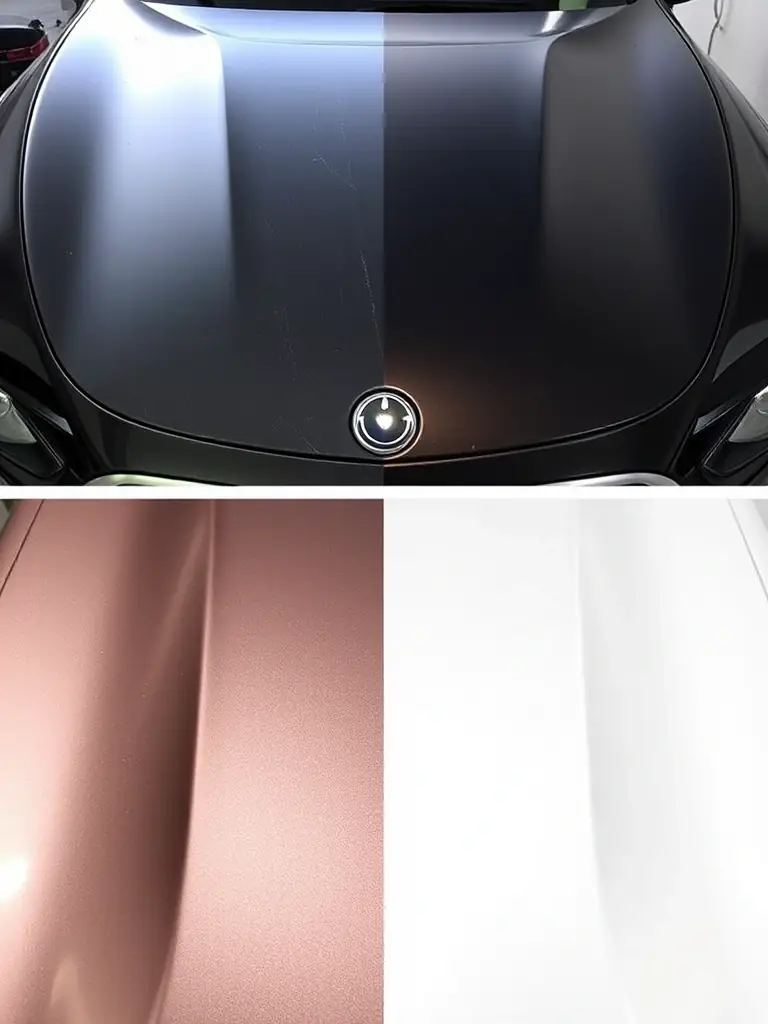 A before-and-after image showing a vehicle's hood with scratches and the same area after correction, gleaming with a perfect finish, demonstrating the effectiveness of expert paint correction.