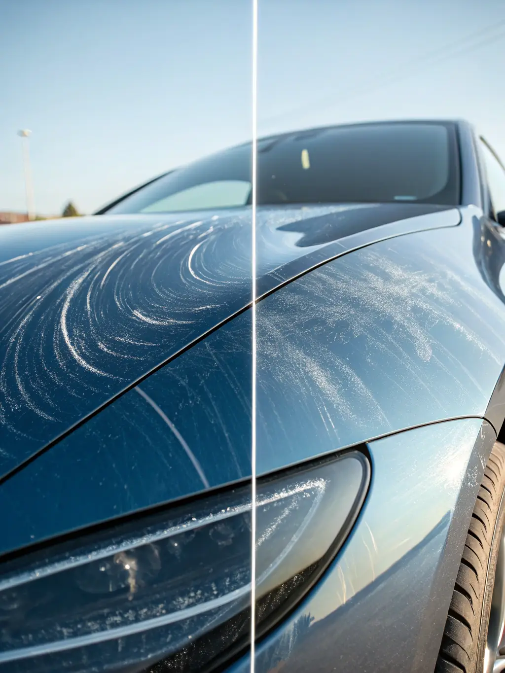 A before-and-after image showing a vehicle's hood with scratches and swirl marks, followed by the same area after expert paint correction, gleaming with a flawless, mirror-like finish.