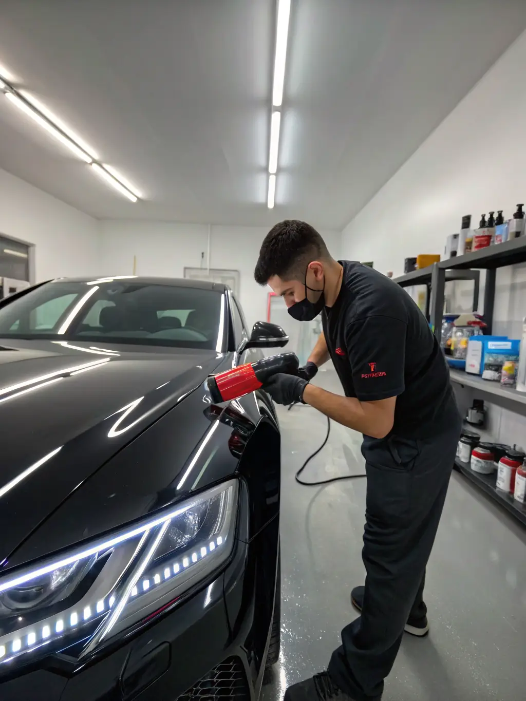 An image of a technician applying a protective coating to a luxury car, with a focus on the glossy finish, illustrating the comprehensive detailing and protective coatings service.