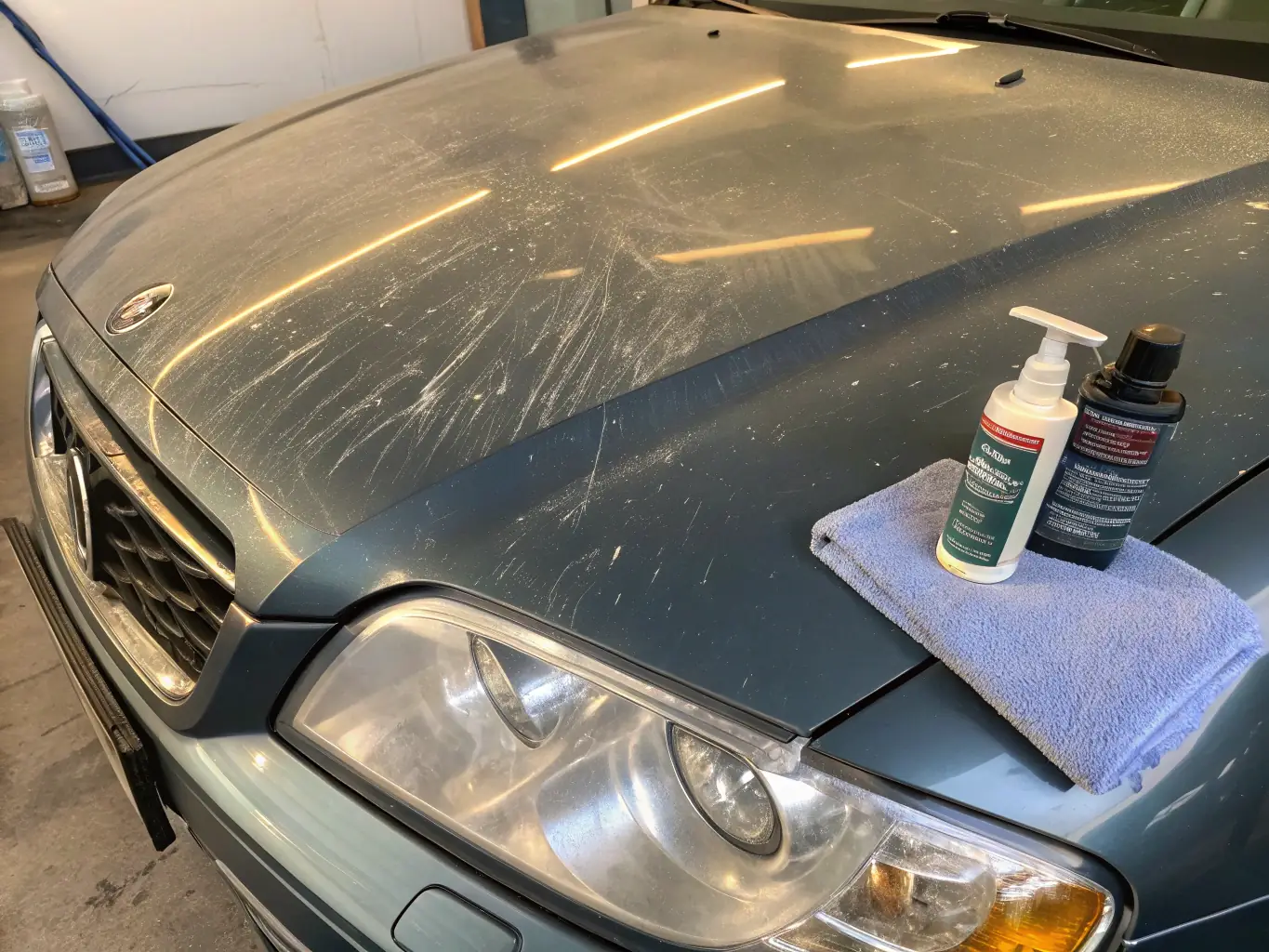 A before-and-after image showcasing a car's paint before and after paint correction, emphasizing the removal of swirl marks and imperfections.