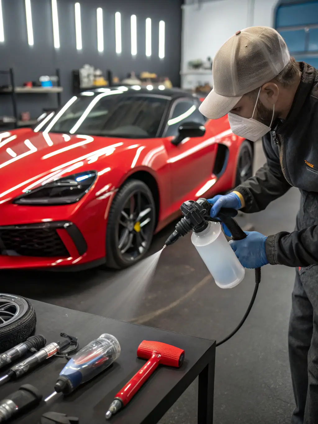 An image of a technician meticulously applying a protective coating to a luxury car, emphasizing the glossy finish and the attention to detail in the application process.