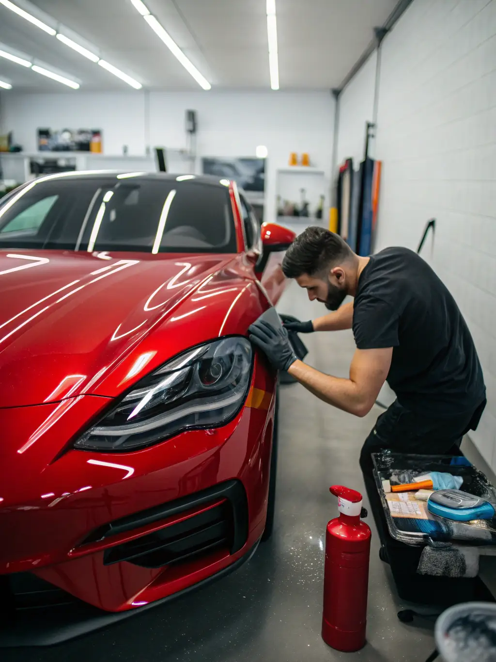 Image of a luxury car being meticulously detailed, showcasing the attention to detail and care provided by The LAB's detailing service.