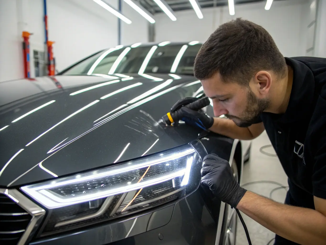 A close-up shot of a technician applying ceramic coating to a car's paint, highlighting the meticulous process and the glossy finish.