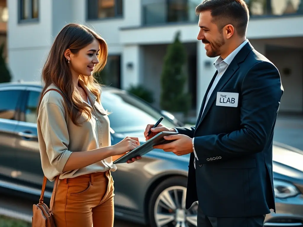 A person happily signing paperwork on a tablet while standing next to their car, which is parked in front of their house. The LAB representative is standing next to them.