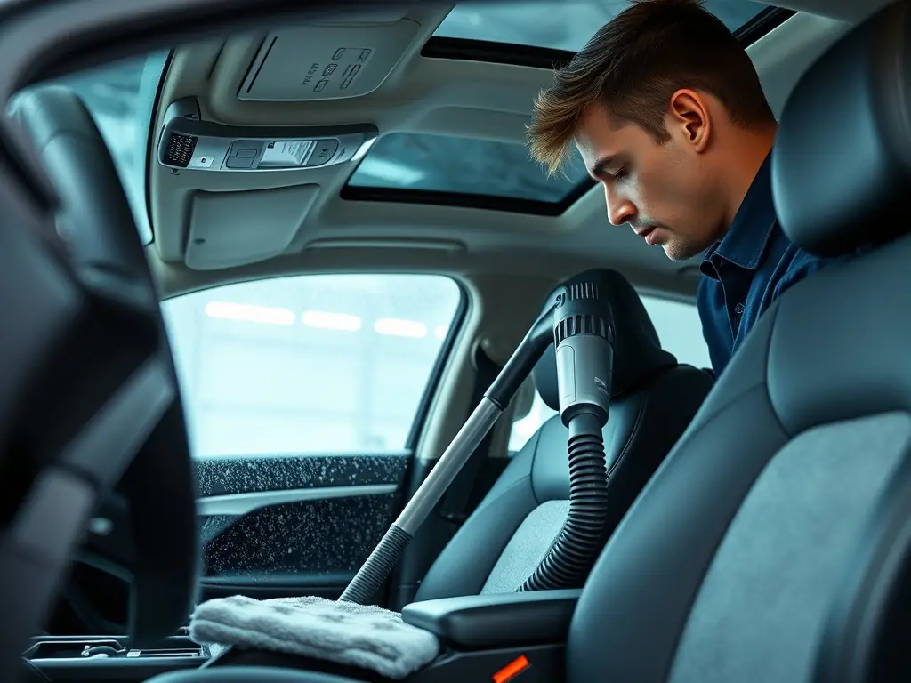 A close-up shot of a technician meticulously vacuuming the interior of a luxury car, focusing on the carpet and crevices around the seats. The lighting highlights the attention to detail and the high-end equipment used.