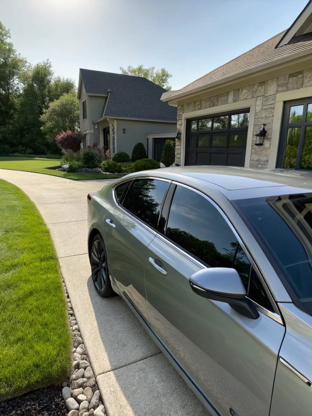 A car parked on a street with tinted windows, obscuring the view inside, showcasing the enhanced privacy.