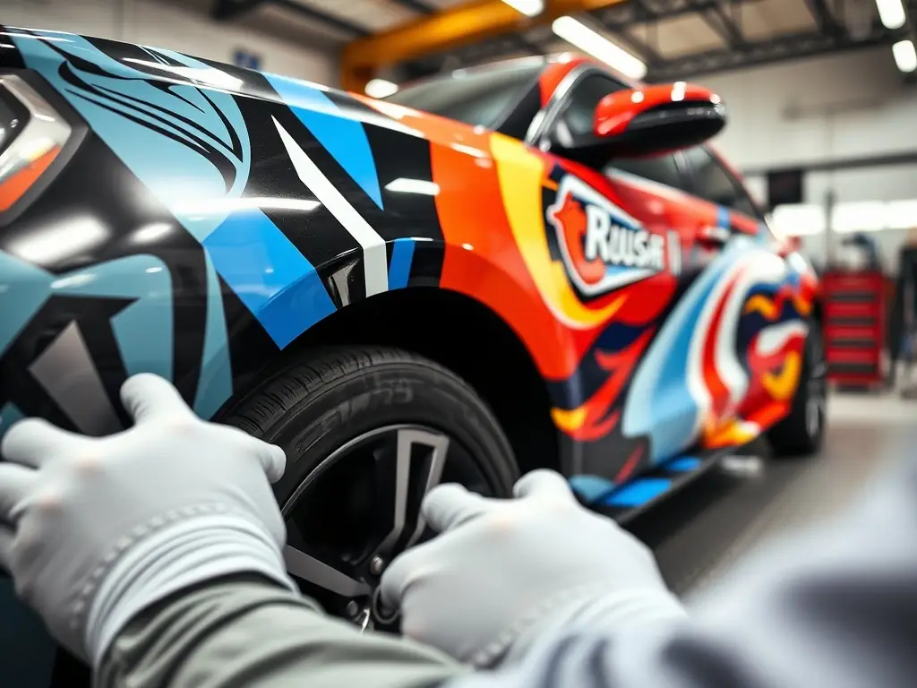 A close-up shot of a side-by-side vehicle receiving a protective wrap at The LAB. The image emphasizes the precision and care taken during the application process, highlighting the vehicle's rugged design.