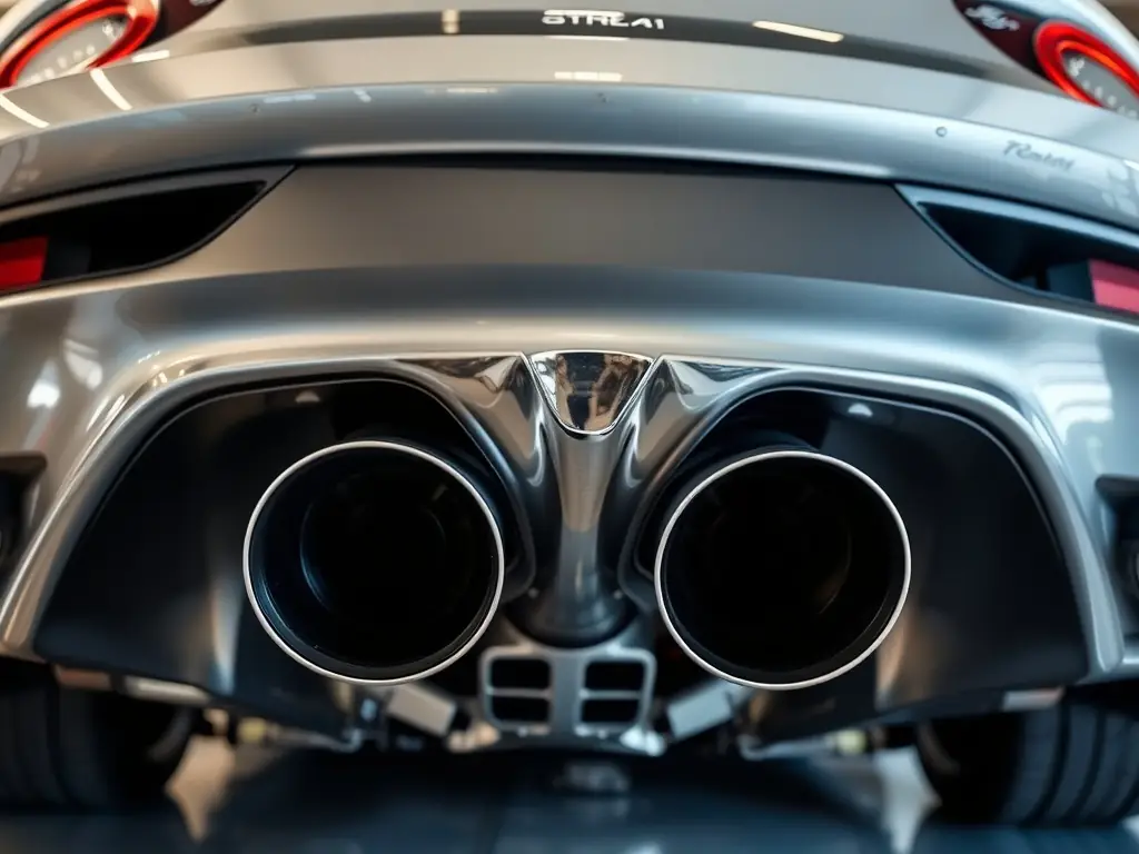 A sleek, polished exhaust system being installed on a luxury sedan, highlighting the craftsmanship and attention to detail involved in the upgrade process.