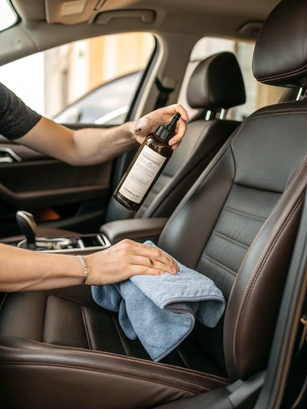 A hand wiping a car dashboard clean with ease, highlighting the easy-cleaning properties of the ceramic coating. The dashboard is sleek and modern, reflecting The LAB's attention to detail.