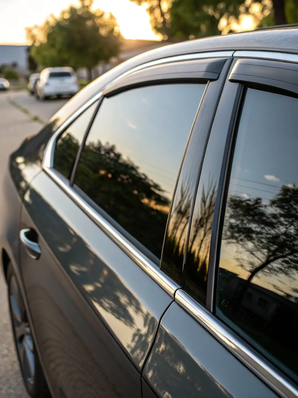A shattered car window held together by window tint film after an impact, demonstrating the safety benefit.