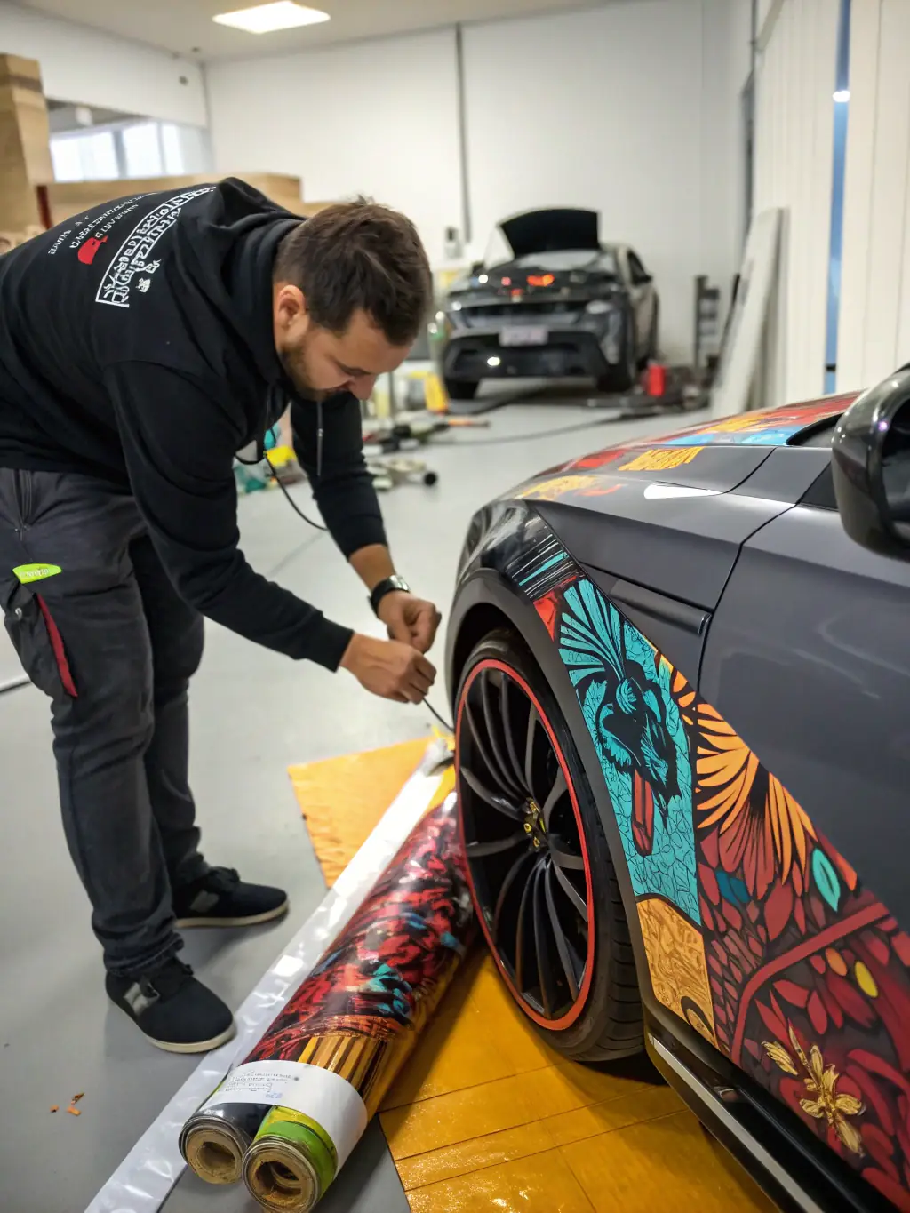 A high-resolution image of a Lamborghini Aventador undergoing a full color change wrap from its original color to a vibrant, eye-catching shade of electric blue at The LAB, showcasing the precision and seamless finish of the wrap.