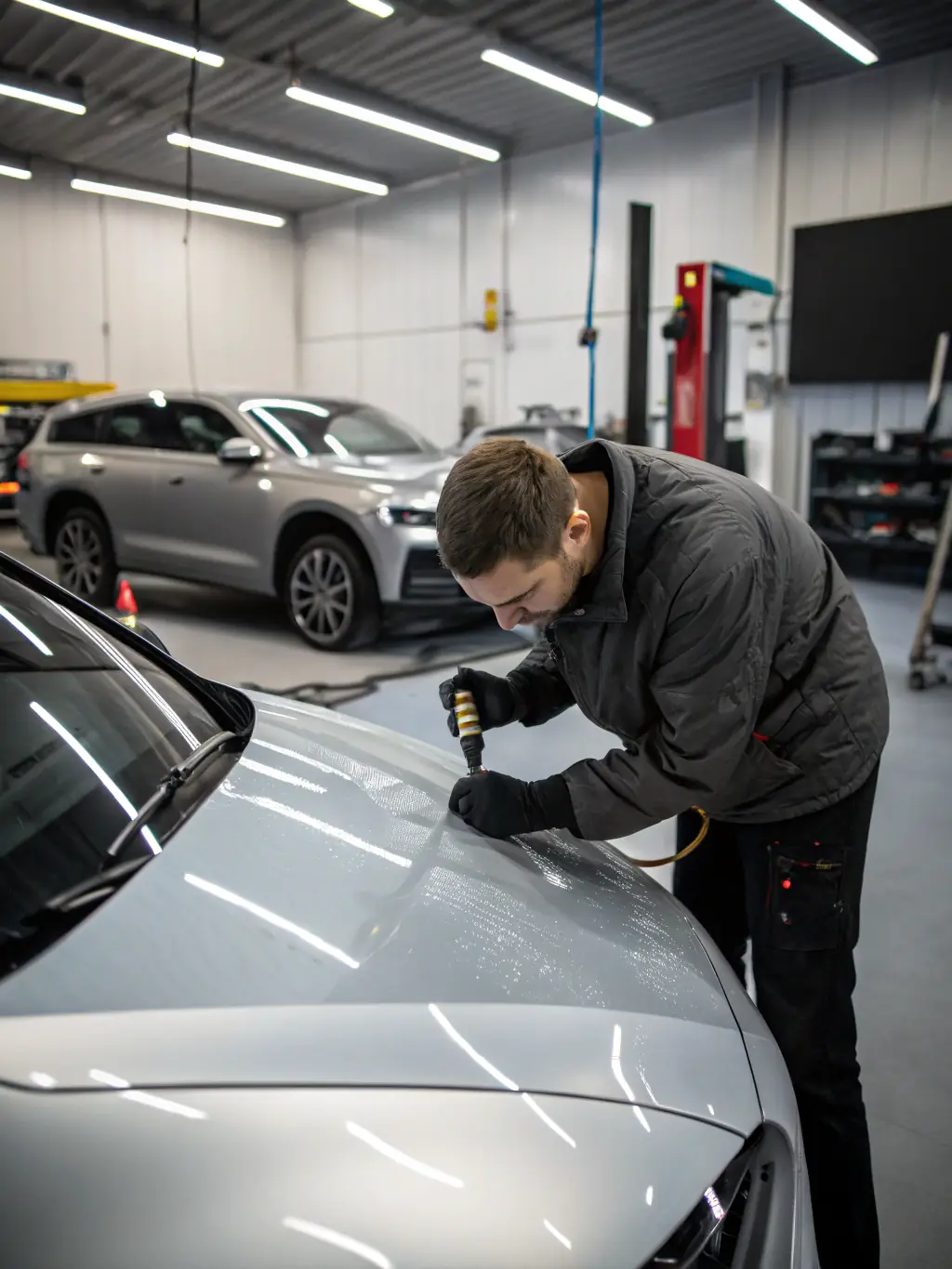 Close-up shot of a technician using specialized tools to gently massage a dent out of a car door, showcasing the precision of PDR.