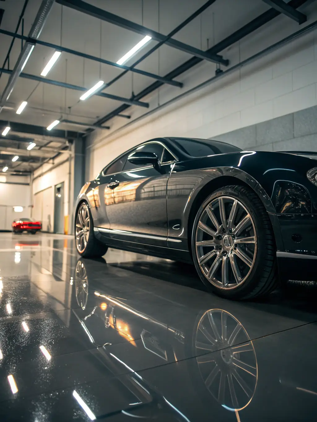 A Lamborghini Aventador with its suspension being professionally tuned by a technician in a clean, well-lit garage at Luxury Auto Boutique.