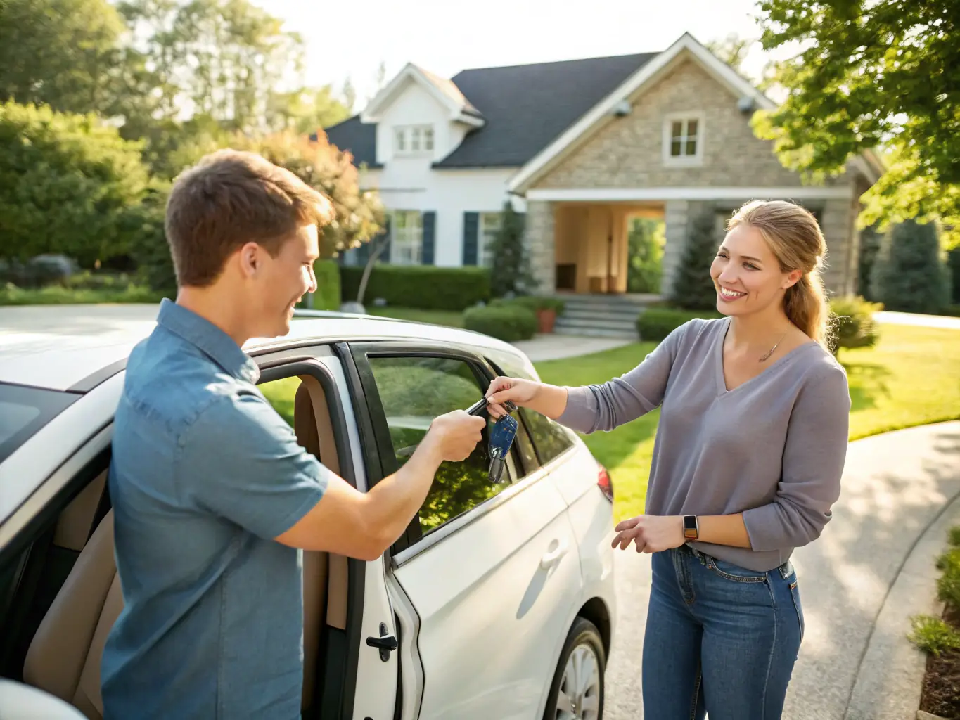 A client receiving the keys to their newly serviced vehicle from a uniformed The LAB representative at their home, emphasizing the white-glove service aspect of the concierge delivery.