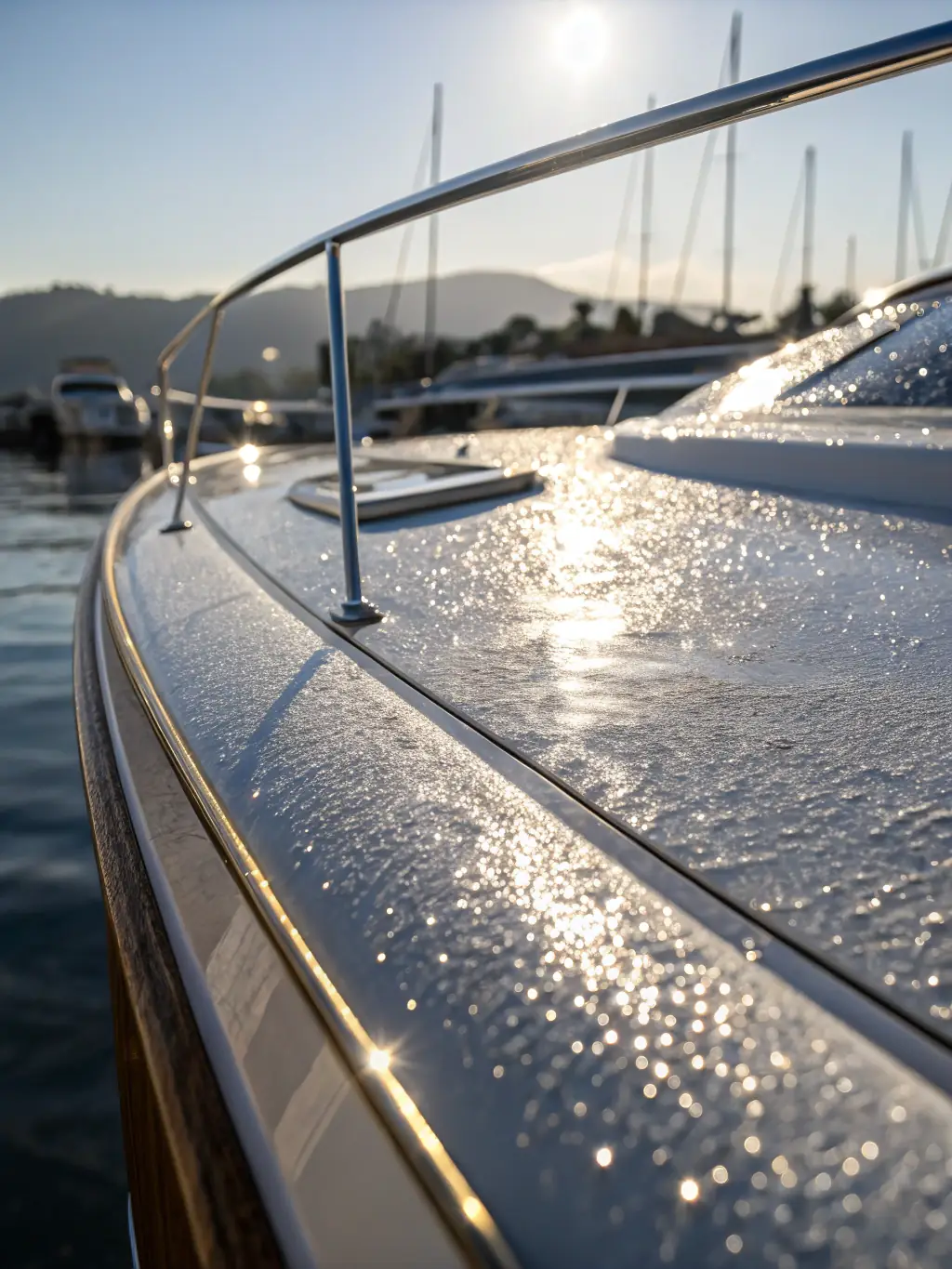 A close-up shot of a luxury boat's hull being meticulously covered with a clear protective wrap at The LAB, highlighting the glossy finish and seamless application.