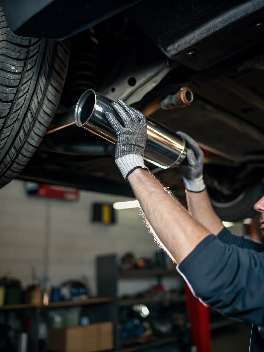 A close-up shot of a custom exhaust system being installed on a Porsche 911 at Luxury Auto Boutique, showcasing the precision and quality of the installation.