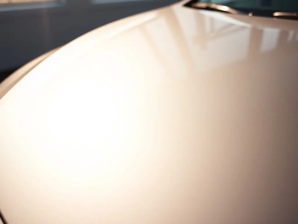 A close-up shot of water beading perfectly on a car's ceramic-coated surface, showcasing the hydrophobic properties. The background is a blurred view of The LAB's detailing bay, emphasizing professional application.