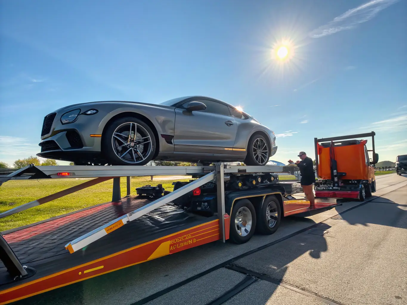 A high-end luxury car being carefully loaded onto a covered, specialized transport trailer, showcasing the meticulous care taken during the pickup process for The LAB's concierge delivery service.
