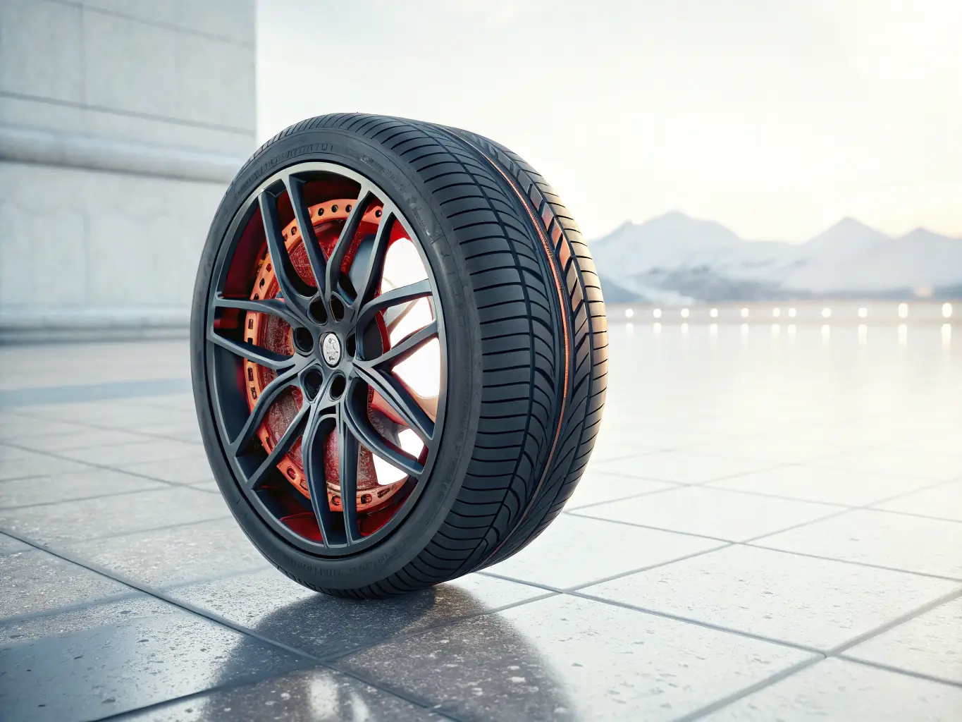 A set of high-performance wheels and tires displayed next to a luxury vehicle, emphasizing the aesthetic and performance benefits of upgrading these components.