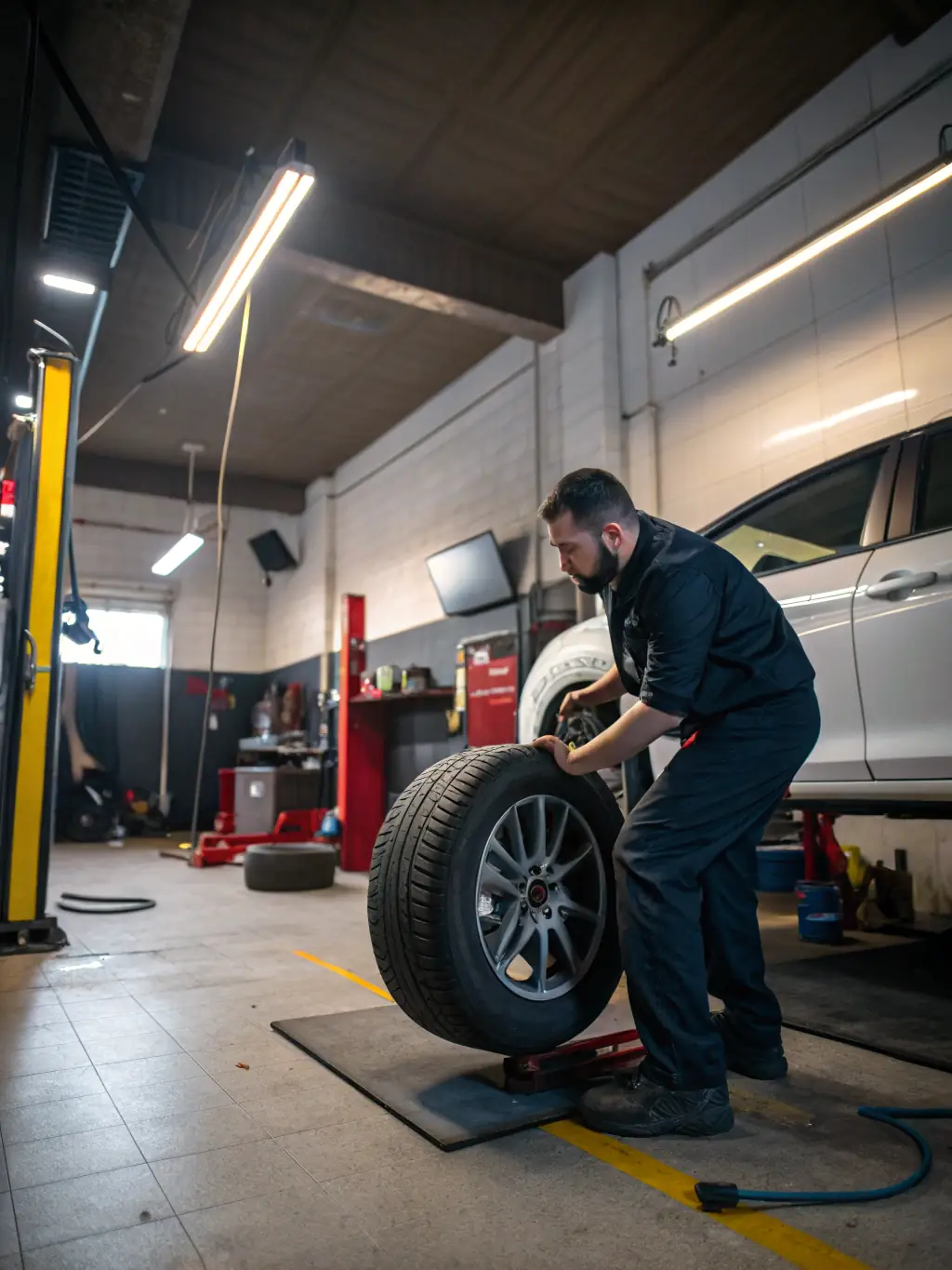 A set of high-performance wheels and tires being mounted on a Tesla Model S at Luxury Auto Boutique, highlighting the aesthetic and performance benefits.