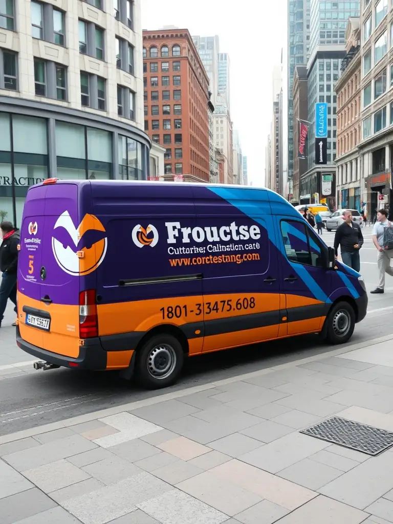 A detailed image of a commercial van fully wrapped with branding for a local Atlanta business, including logo, contact information, and vibrant graphics, parked in front of a bustling urban setting.