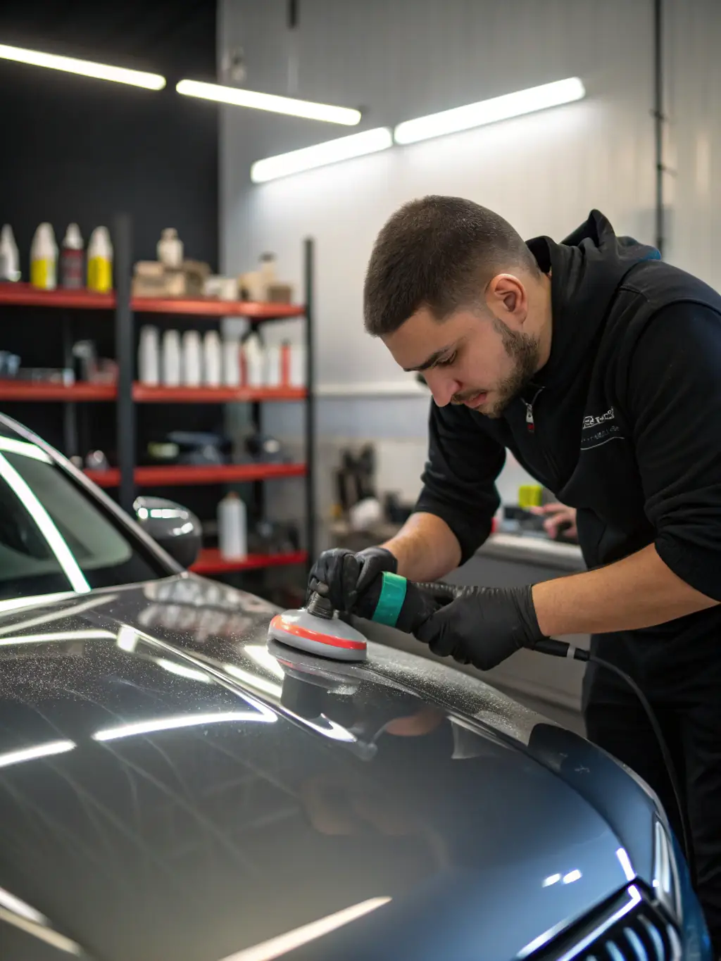A photo of a Luxury Auto Boutique technician using specialized equipment to perform paint correction on a high-end vehicle, showcasing the expertise and advanced techniques used.