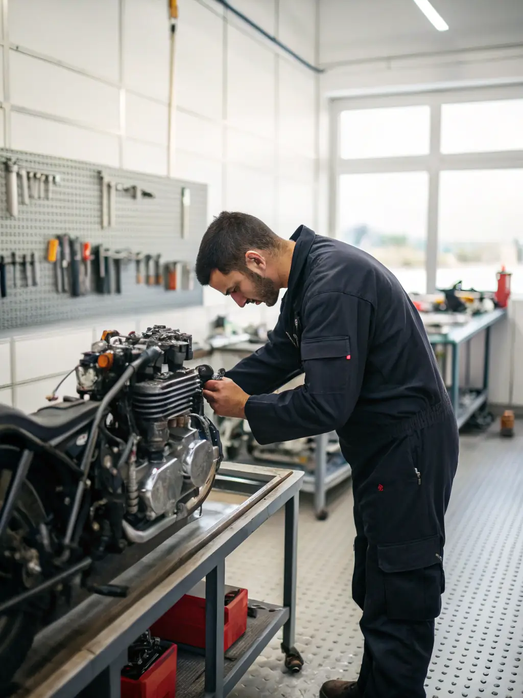 A detailed image of a motorcycle undergoing a custom vinyl wrap installation, with a technician carefully applying the wrap to the fuel tank, highlighting the precision and artistry involved.