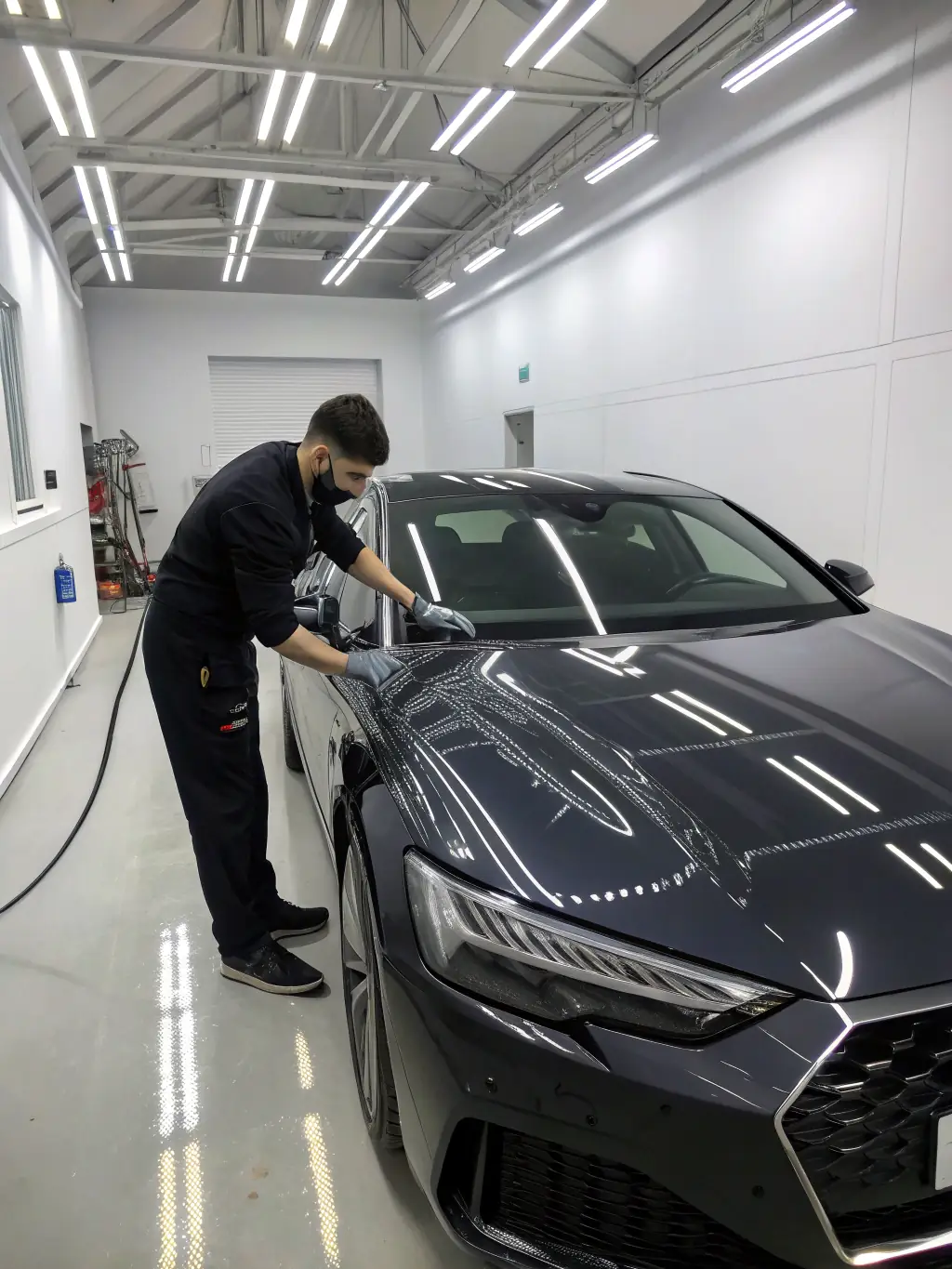 A close-up shot of a technician meticulously applying ceramic coating to a luxury car's paint surface, highlighting the precision and care involved in the process at Luxury Auto Boutique.