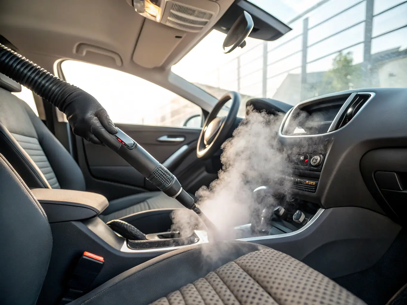 A technician using a steam cleaner on the upholstery of a car seat, with visible steam and cleaning solution being applied. The image emphasizes the deep cleaning and stain removal process.