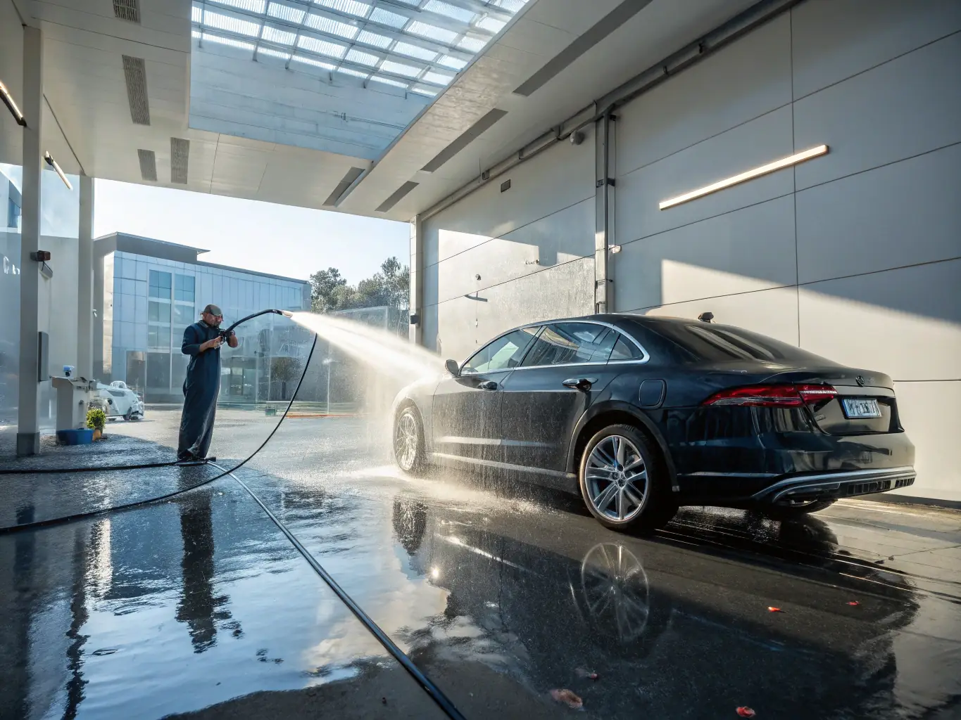 An image of a car being washed, with visible dirt and grime effortlessly sliding off the ceramic-coated surface. The setting is a well-lit, professional car wash environment, demonstrating ease of maintenance.