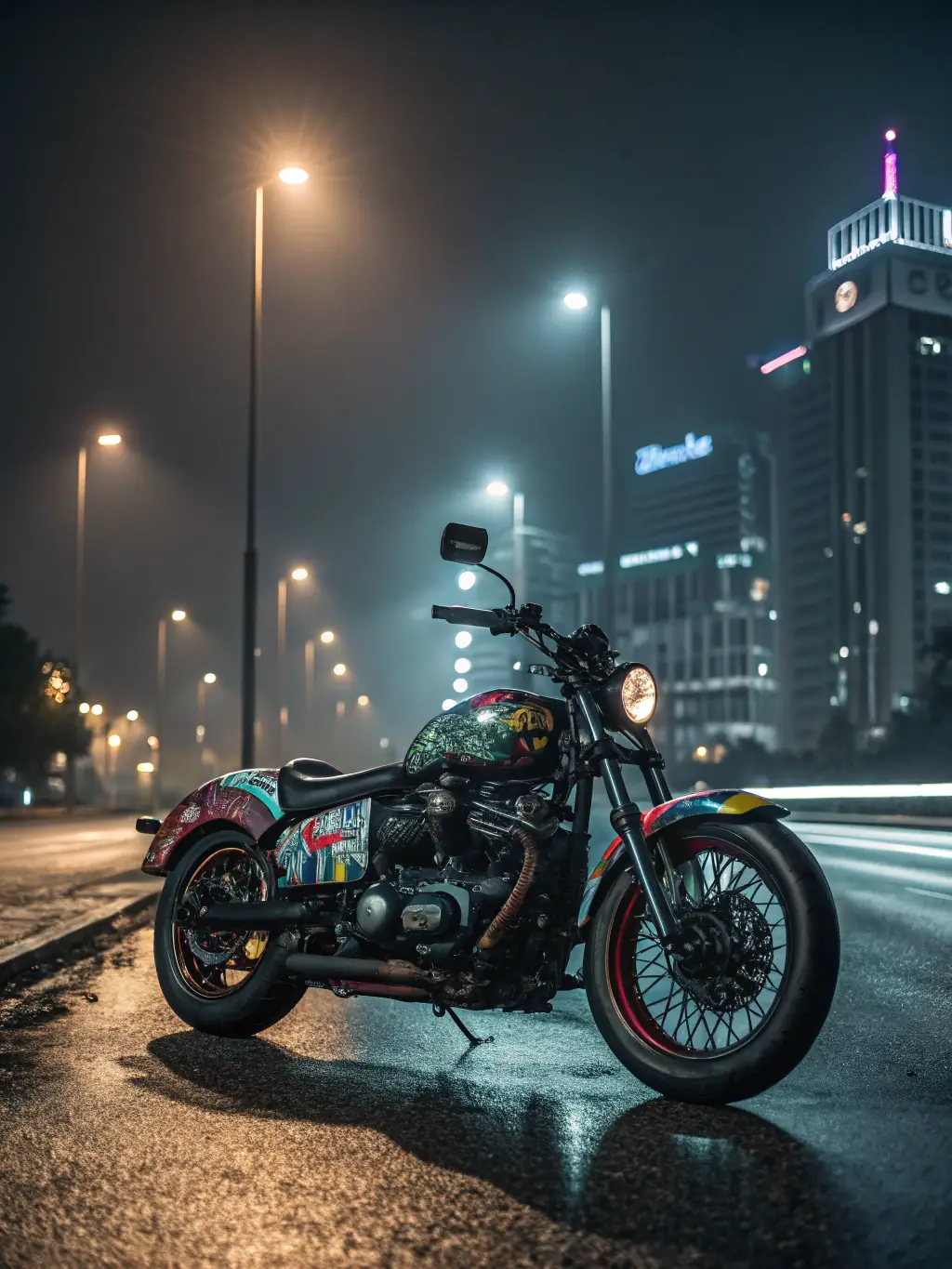 An image of a custom-designed motorcycle wrap featuring intricate graphics and vibrant colors, showcasing the unique style and personalization options available at The LAB.