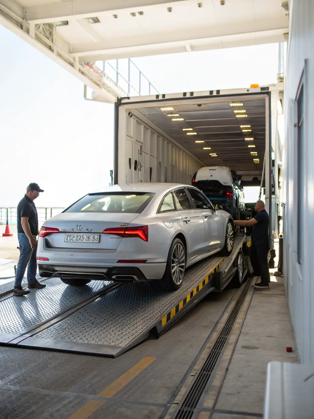 A picture of Luxury Auto Boutique's insured drivers carefully handling a luxury car, emphasizing the safety and security provided during transportation and service.