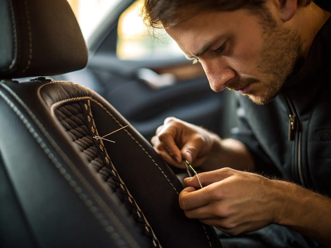 A close-up shot of a technician carefully applying leather conditioner to a car seat, with a soft cloth and premium leather care products visible. The image conveys the attention to detail and the use of high-quality materials.