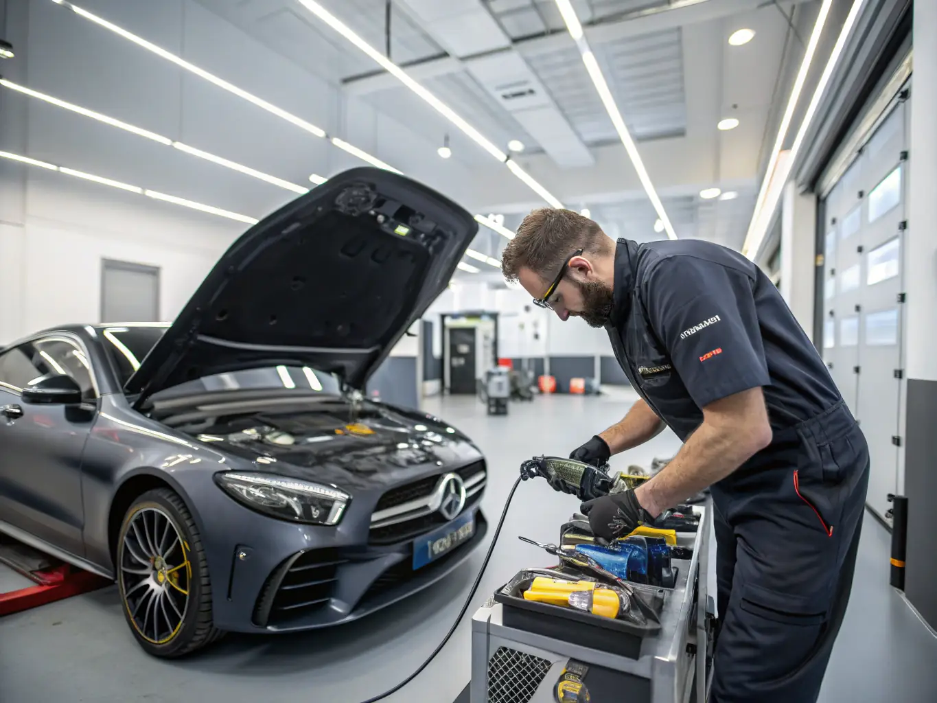 A close-up shot of a technician's hands expertly tuning the suspension of a high-end sports car in a clean, well-lit garage, showcasing precision and attention to detail.