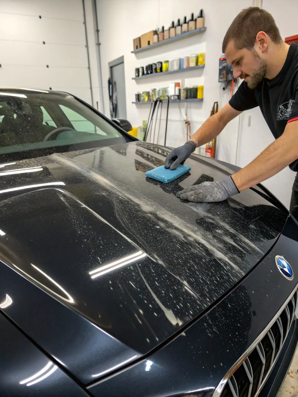 Image of a car panel with minor scratches disappearing after being heated, showcasing the self-healing properties of PPF.