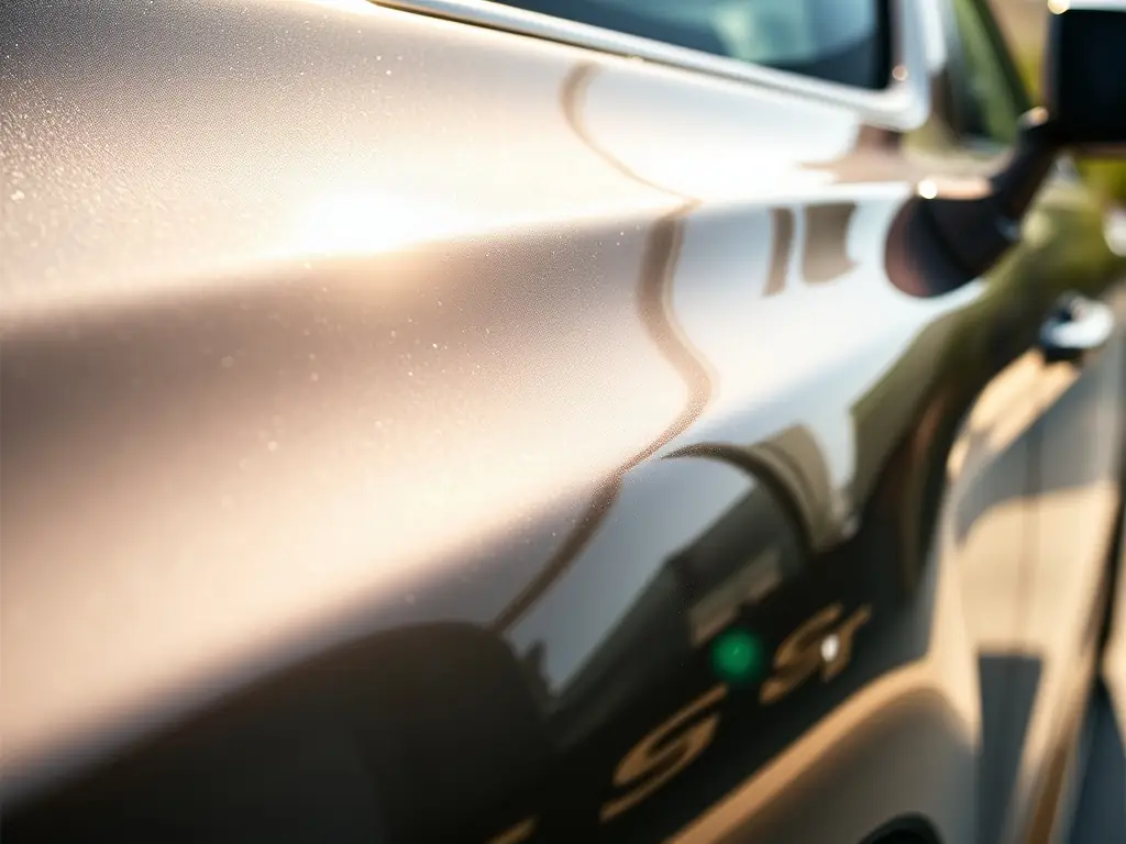 A side-by-side comparison image showing a car panel treated with ceramic coating on one side and an untreated panel on the other, highlighting the difference in gloss and clarity under direct sunlight. The LAB logo is subtly placed in the corner.