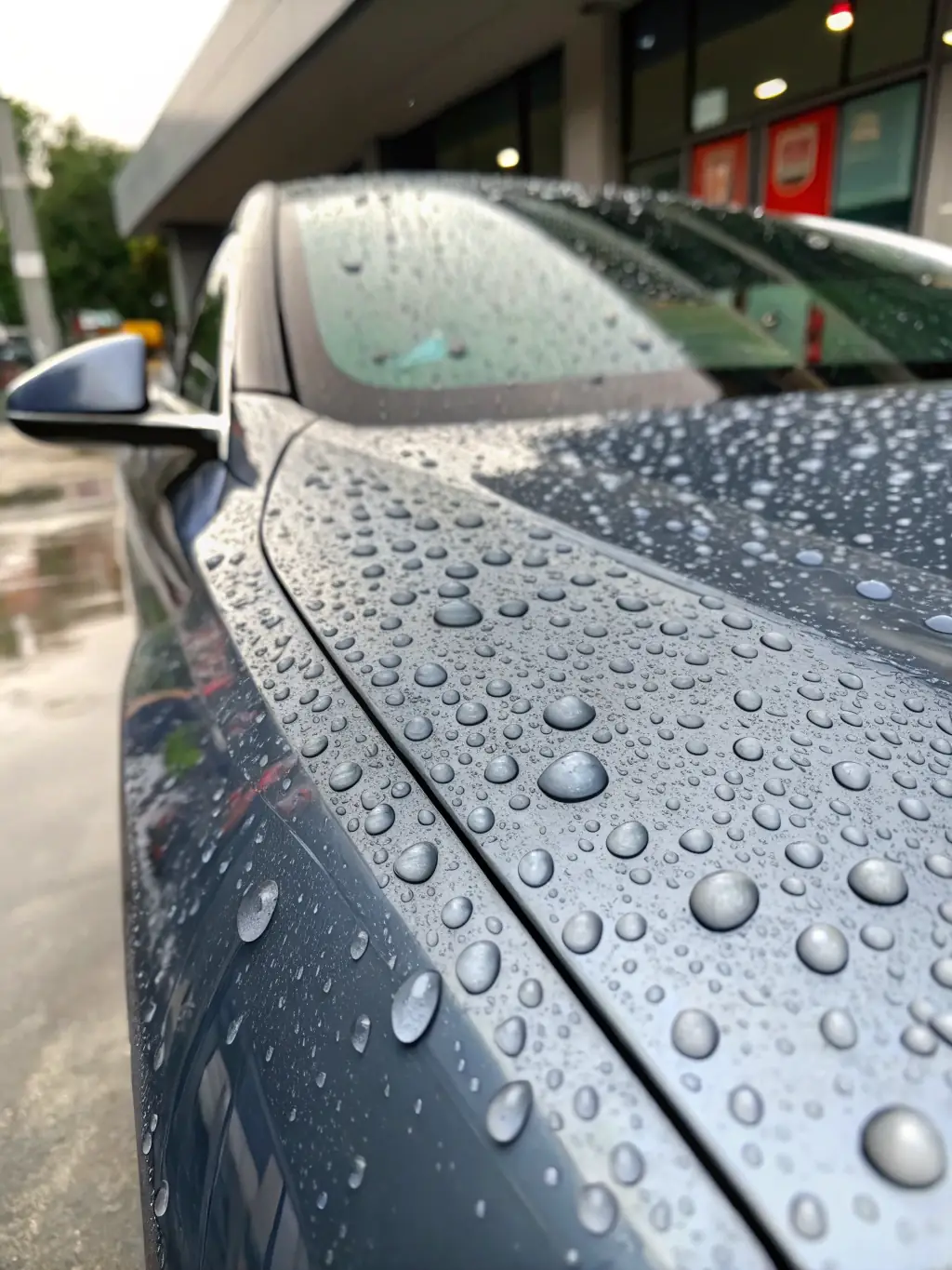 A close-up shot of a car seat with a liquid spill being repelled, demonstrating the stain and liquid repellency of interior ceramic coating. The seat is luxurious leather, showcasing the premium nature of The LAB's services.
