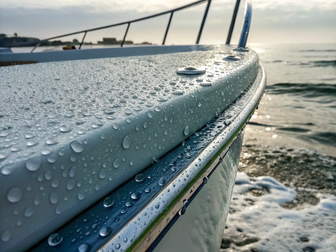A professionally captured image of a sleek boat hull undergoing paint correction in The LAB's facility. The lighting highlights the smooth, flawless finish achieved through the detailing process.