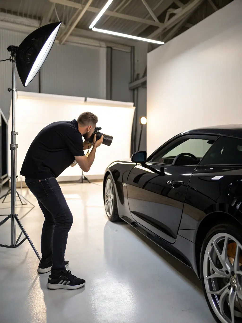 A sleek black sports car with professionally installed window tint, parked in a well-lit studio, showcasing the clarity and darkness of the tint.