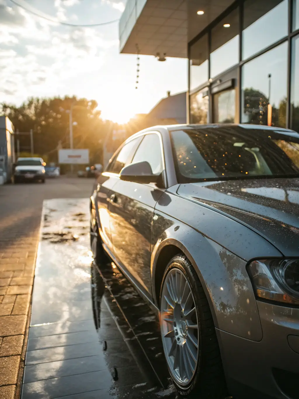 A luxury sedan with a glossy ceramic coating, reflecting the studio lights, emphasizing the depth and shine of the coating.