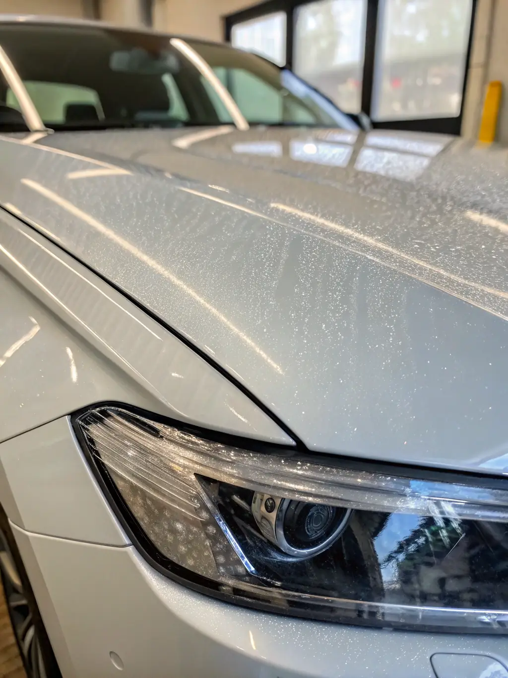 A close-up shot of paint protection film being applied to the hood of a luxury car, highlighting the precision and care taken during installation.
